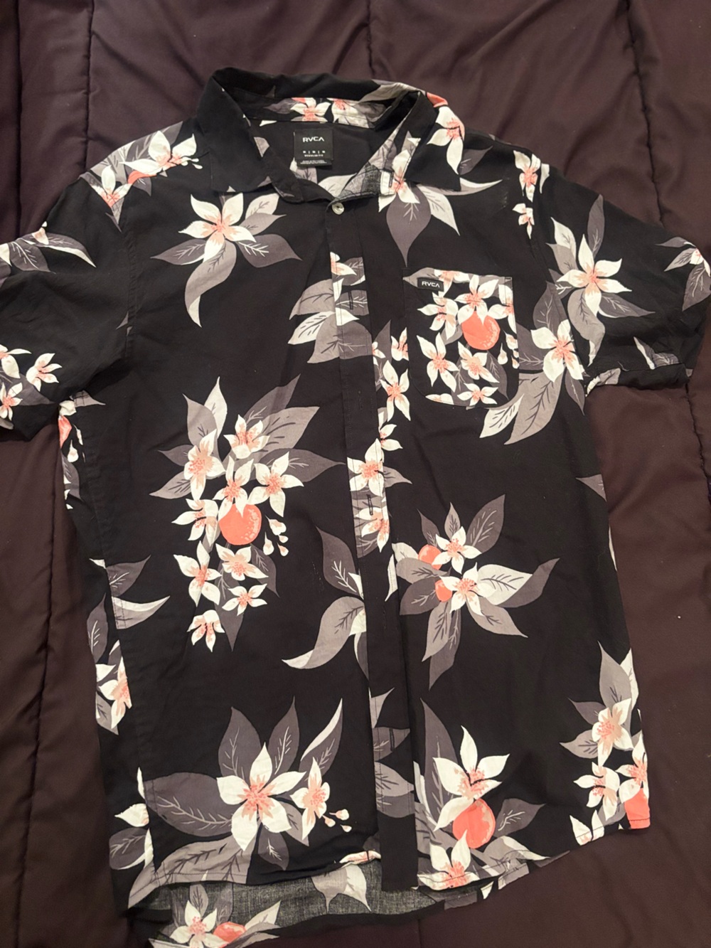 RVCA Men’s Black Floral Button-Up Shirt with Coral Accents